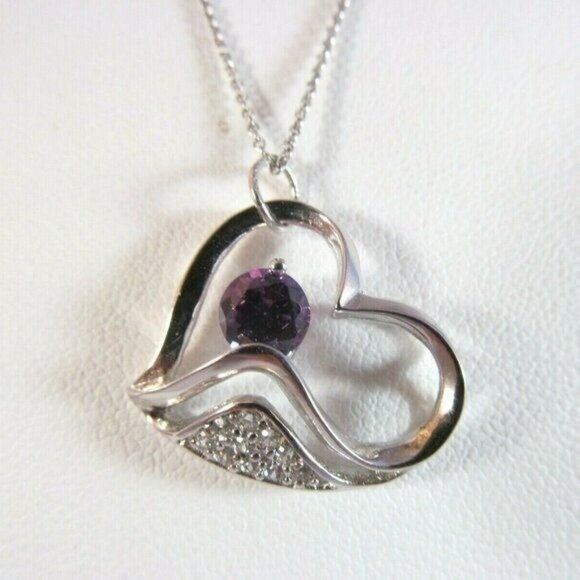 Sterling Silver Amethyst and Rhinestone Heart Pendant Necklace - Picture 7 of 12